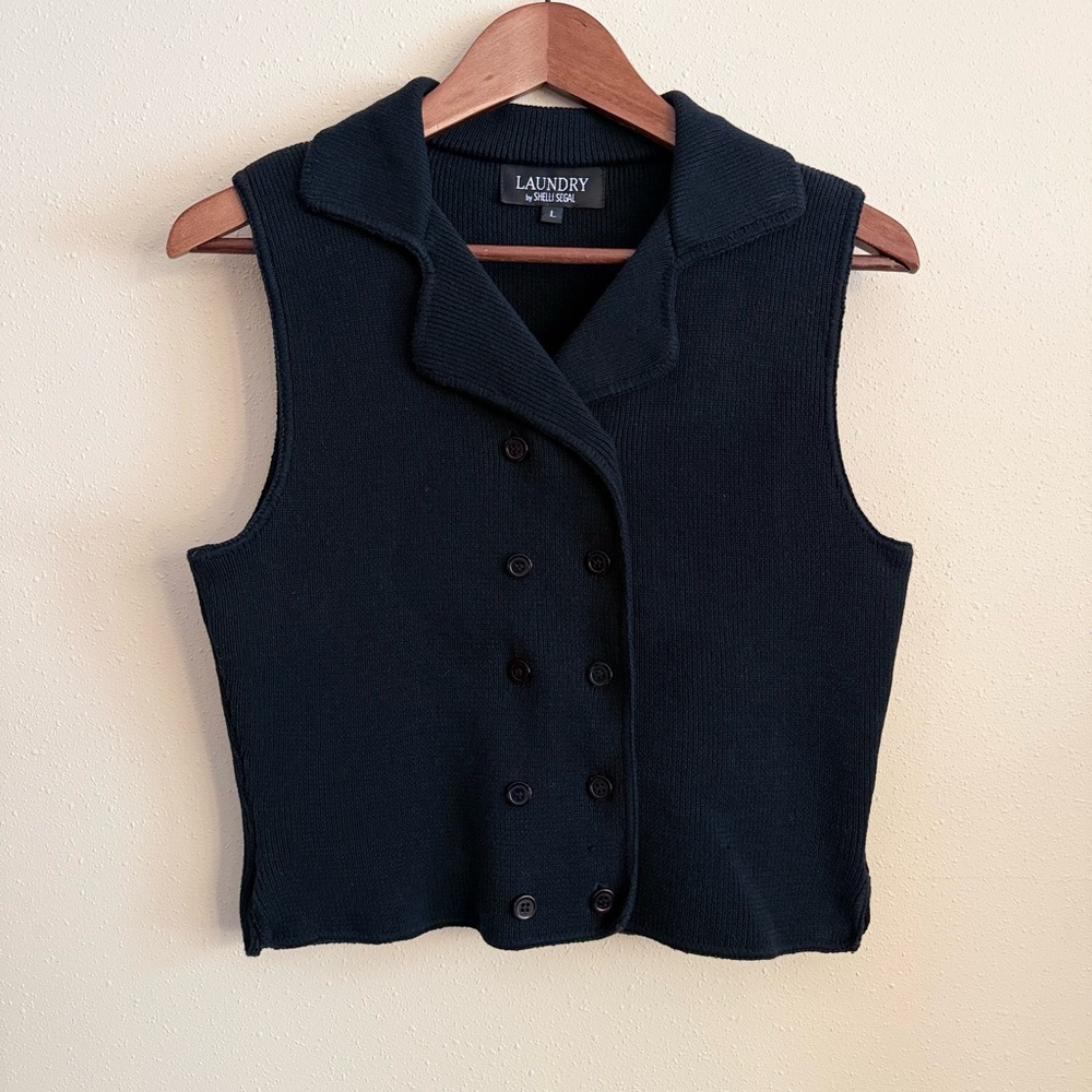 Laundry by Shelli Segal Double Breasted Knit Vest Black Cotton Blend L - Picture 2 of 11